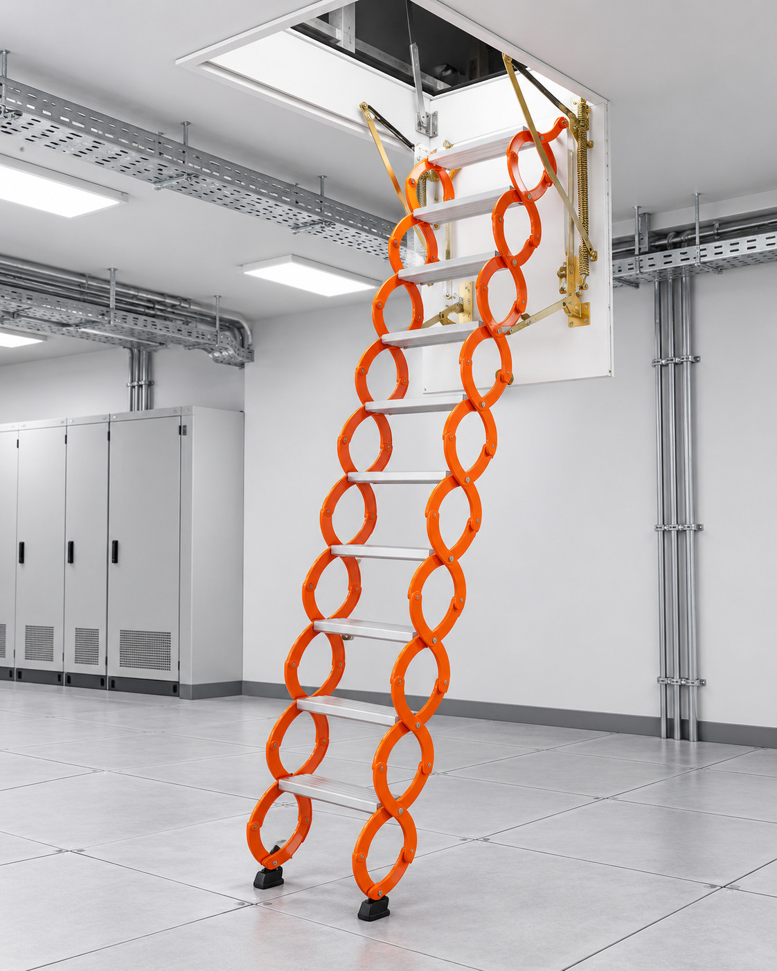 Escalera RUGGSTEP color naranja en sala técnica